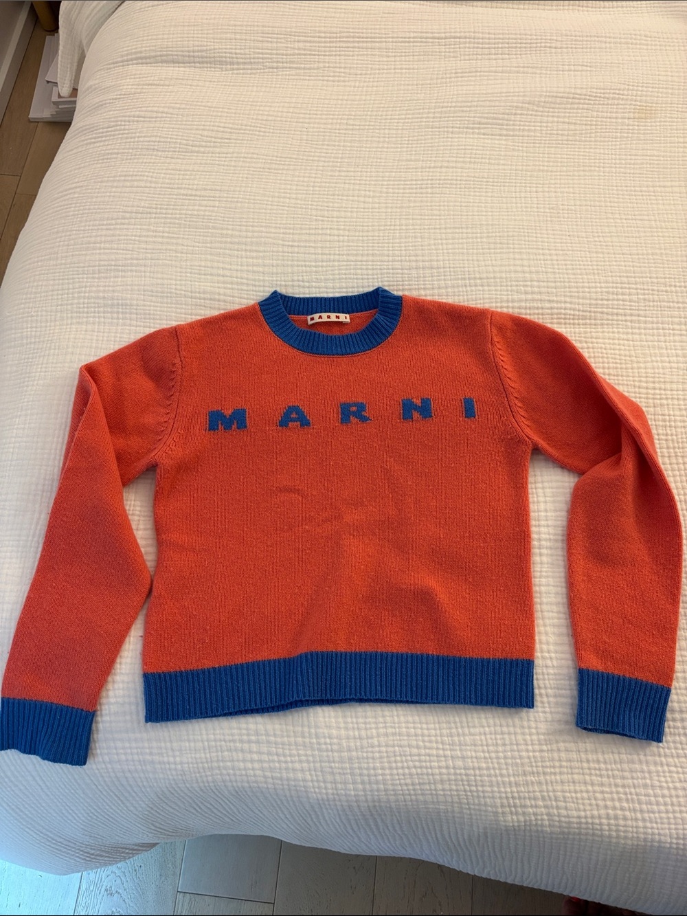 Marni Bright Orange Crewneck with Blue Logo Trim